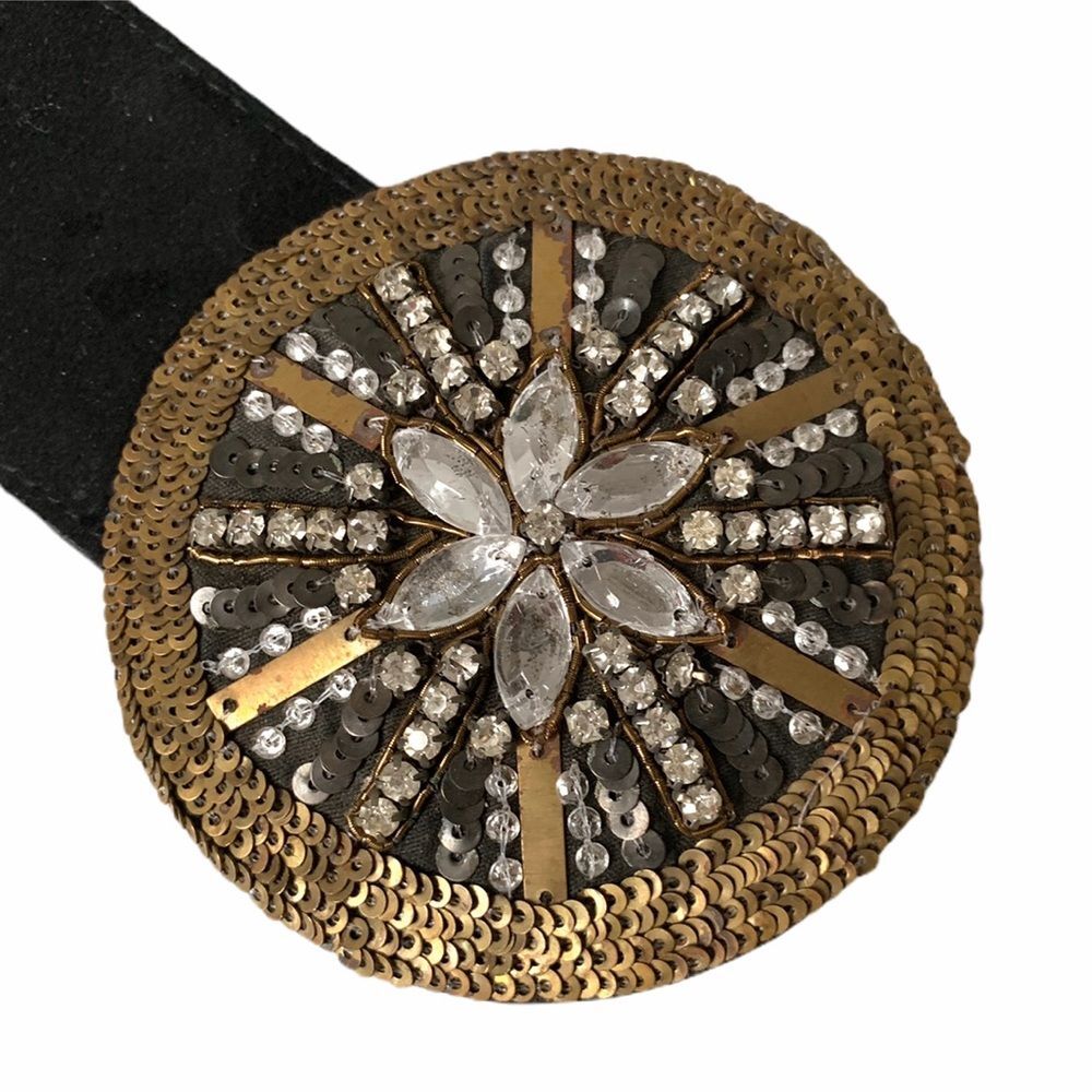 Vintage Black Suede rhinestone sequin belt - Picture 2 of 5